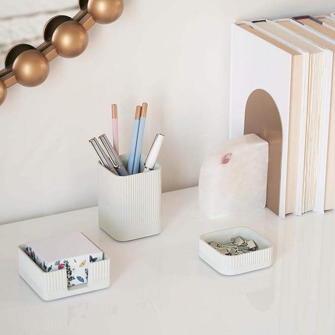 Aesthetic Desk Organizer Set of 3 For Your Office - Sturdy Concrete Desktop Accessories For Women or Men Enhance Any Office Decor - Set incl. Pen Holder, Paperclip Storage and Sticky Note Holder