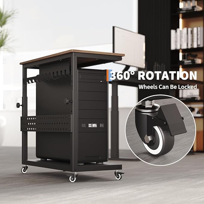 2-Tier Rolling Computer Tower Stand with Cable Management Rack, Height Adjustable CPU Holder Cart with Hooks for Gaming Home Office, PC Stand Fits Under Desk,Walnut