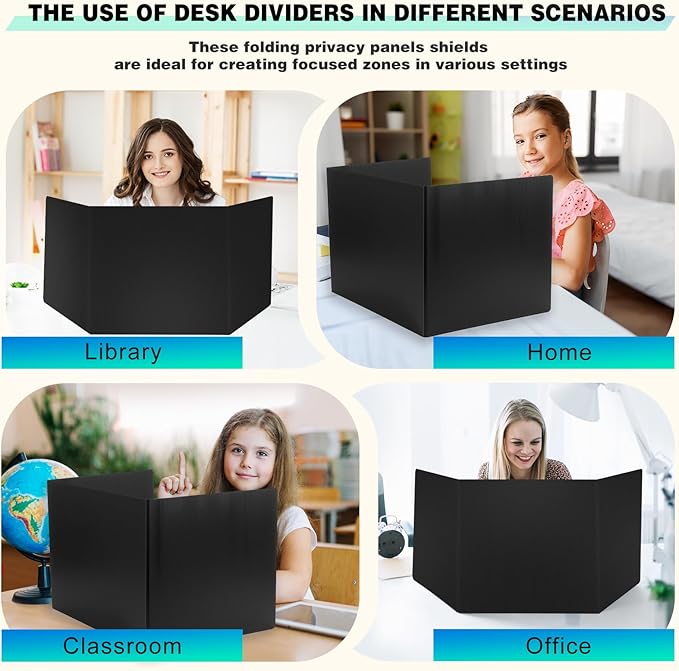 24Pack Black Desk Dividers for Student, Privacy Folders for Classroom Students, Foldable Study Carrels Teacher Supplies, Easy-Clean Testing Dividers with Lables for Exam, Library Focus & Photo Shoot
