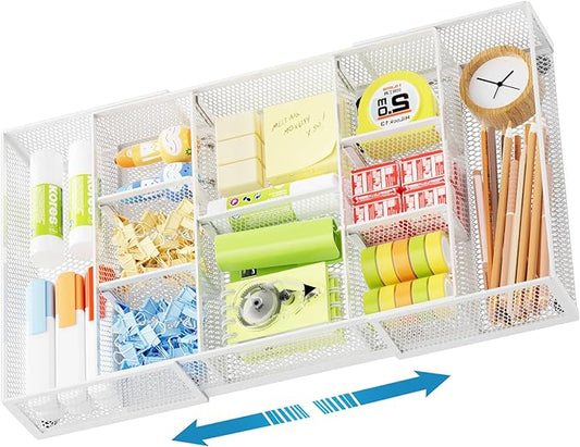 Marbrasse Expandable Desk Drawer Organizer, Mesh Drawer Organizer Tray with 10 Adjustable Compartments, Desk Organizers and Accessories for Office Supplies (Longer Expandable Drawer Organizer-W)