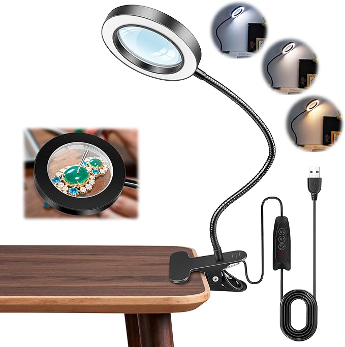 Akynite 10X Magnifying Glass with Light, 2 in 1 Magnifying Desk Lamp Clip on Mganifier with Light, 3 Color Modes 10 Brightness Levels, 58 LED Clip on Reading Lamp for Bed Crafts DIY Repair,No Adapter