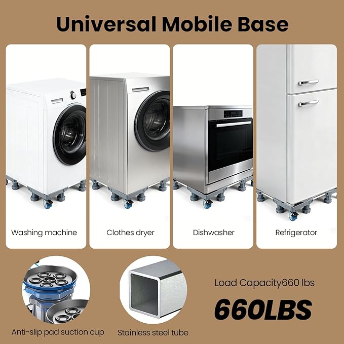 Mini Fridge Stand Mobile Base With 4 Locking Wheels And 8 Strong Feet 17-24.1 Inch, Heavy Duty Furniture Dolly for Washer, Mini Refrigerator and Dryer, Adjustable Mini Fridge Stand Washing Machine Stand Pedestal