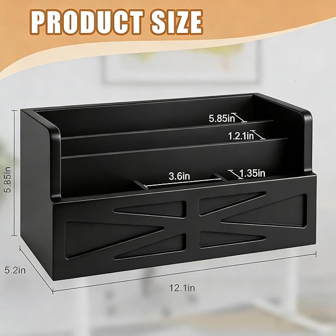 Mail Organizer Countertop, Wood Mail Holder Sorter for Desk, Rustic Bill Storage Organizer Box, Office Letter Basket for Document File Folder Paper Envelope