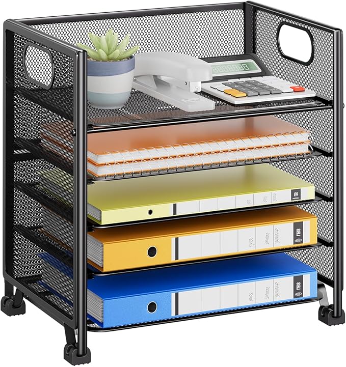 Simple Trending 5-Tier Paper Organizer Letter Tray with Handle, Mesh Desk File Organizer Folder Holder, Office Sorter for Home or School, Black