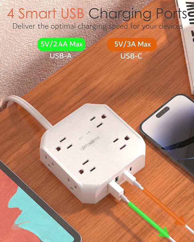 2 Prong Power Strip, WRXDMC 2 Prong to 3 Prong Outlet Adapter, 1400J Two Prong Surge Protector, 10ft Extension Cord, 8 AC Outlets with 2 USB C Port and 2 USB A Port, Wall Mountable,Ideal for Old House