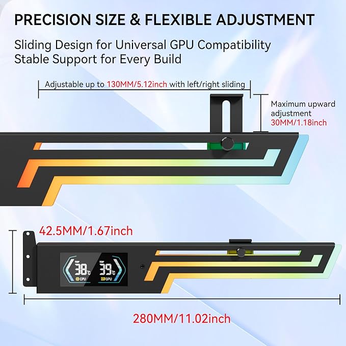 ARGB GPU Support Bracket with CPU & GPU Temp Display, Universal Graphics Card Support, Multi Angle Adjustable GPU Sag Bracket for Video Cards, GPU Stand Built-in 5V3PIN Addressable RGB Strip