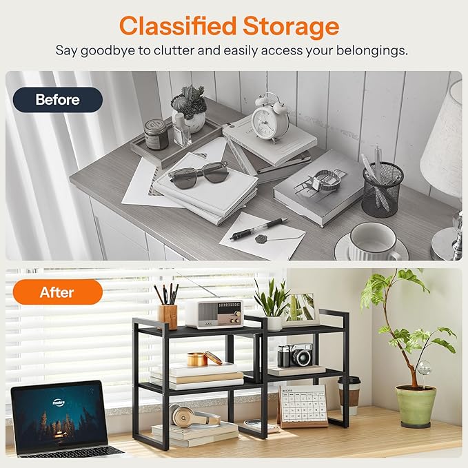 HOOBRO Desk Shelf Organizer, Adjustable Desktop Bookshelf, 2-Tier Shelf for Top of Desk, Wooden Office Storage Rack, for Office, Study, Kitchen, Dorm, Black BB39SJ01