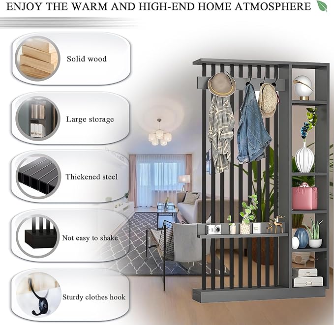 Wall Room Divider - Freestanding Wood Room Divider with Shelves and Coat Rack, Wall Divider with Storage Cabinet and Display Shelf, Freestanding Decor for Bedroom, Office