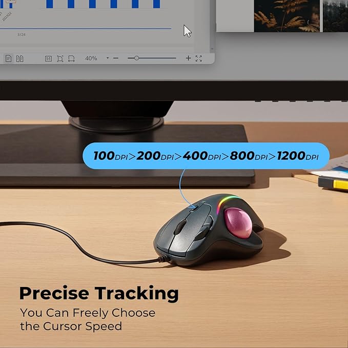 Wired Trackball Mouse with RGB Lighting, Ergonomic Thumb Control to Reduce Muscle Strain, 5 Adjustable DPI, Dual USB-C & USB-A Connectivity, Compatible with PC, Laptop, Mac, Windows (E-Pink)