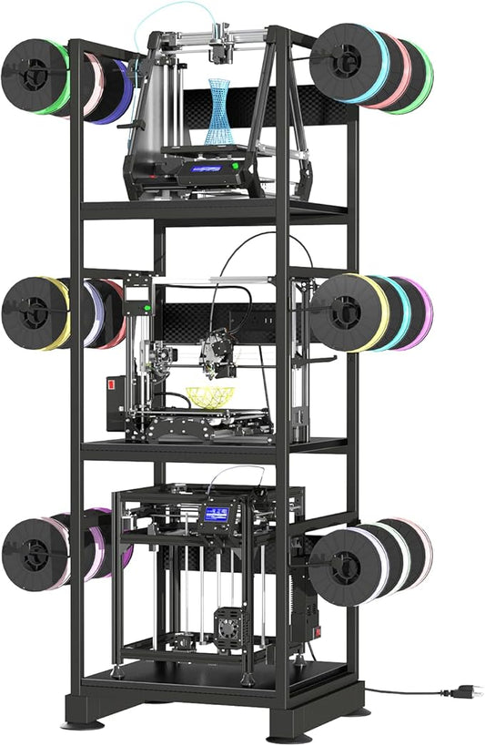 3DPrinter Stand with Filament Storage,3D Printer Rack with Power Outlet,Heavy-Duty 3D Print Storage Shelf for ABS/PLA/TPU Filament Spools,Perfect for 3D Printing Workshops,Carbon Fiber Black