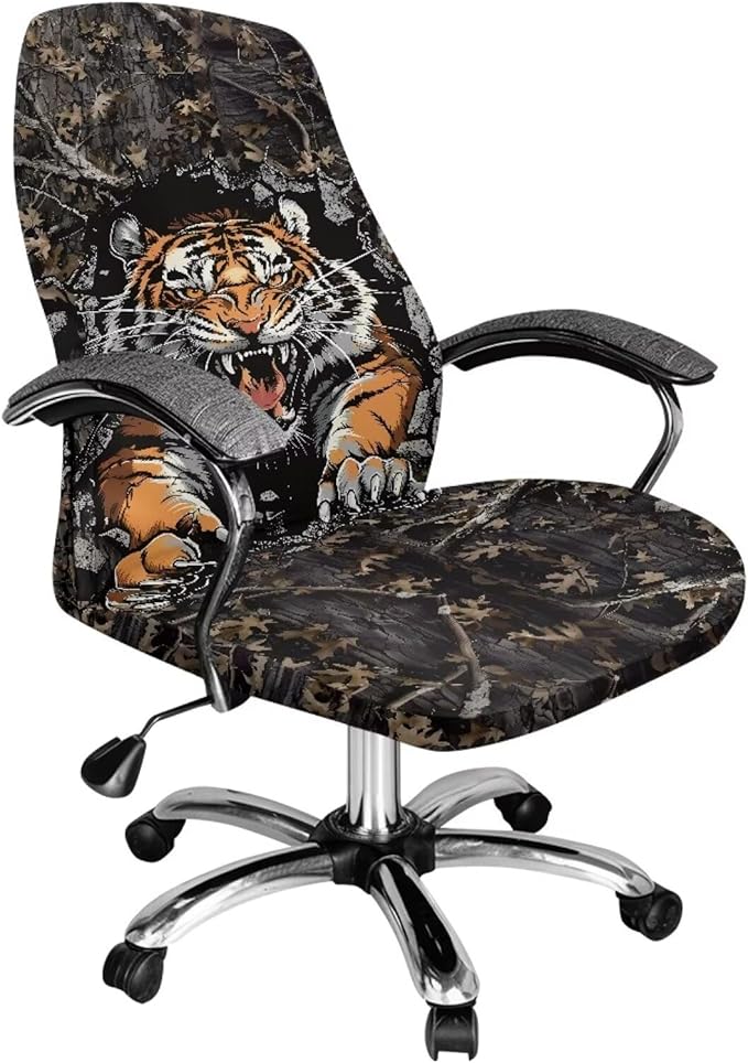 Talayituse Tiger Camo Print Water Resistant Stretch Computer Office Chair Cover Universal Removable Rotating Boss Chair Slipcovers Anti-dust Soft Desk Chair Seat Protector for Dogs Cats Pets, L