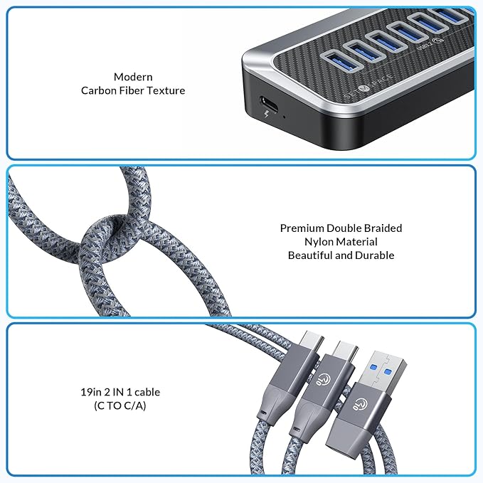 USB Hub for Laptop, SETMSPACE USB Splitter with 7 Port USB 3.2 10Gbps Transfer, USB Port Hub with 2 in 1 Cable 19in, Multiple USB Port for Laptop, iMac, MacBook, Dell, Xbox