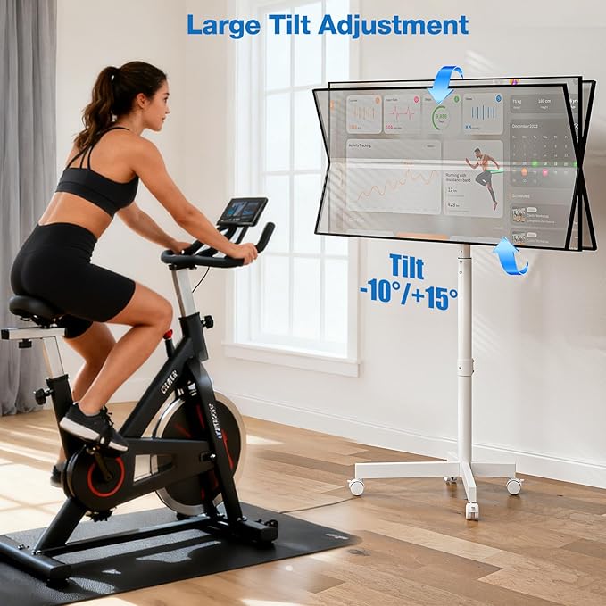 Mobile TV Cart, Floor TV Stand for 13-55 inch TVs with -10°/+15° Tilt Mount Holds up to 77 lbs, Height Adjustable Portable TV Stand for Flat/Curved Screens Max VESA 400x400mm, White