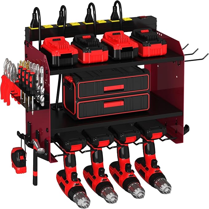 Power Tool Organizer Wall Mount wtih Charging Station,4 Drill Holder Wall Mount with 8 Outlet Power Strip,Heavy Duty Tool Rack with Hooks,Screwdriver Organizer in Garage(Dark Red,3 Layers)