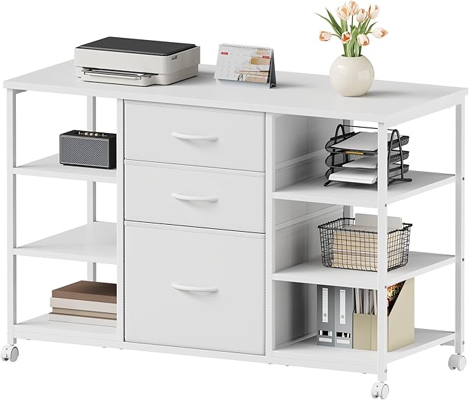YeTom Mobile File Cabinet,Lateral Filing Cabinet with 3 Fabric Drawers,Rolling Printer Stand with 4 Open Storage Shelf for Home Office, White
