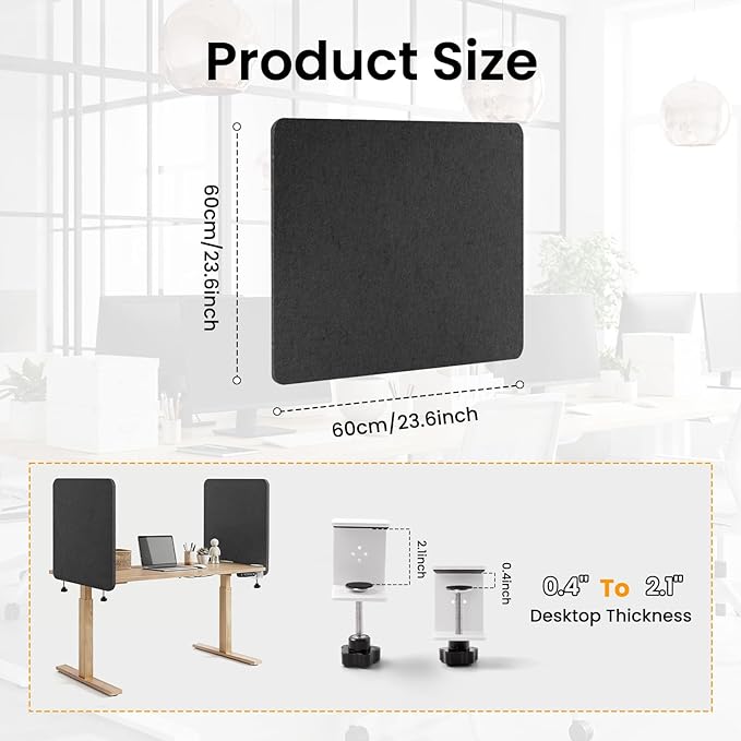 Desk Divider, Clamp On Felt Desk Privacy Panels, Acoustic Sound Absorbing Desk Partition for Office Desk, Reduce Distractions, Dark Gray, 2 Pack, 24 x 24 in