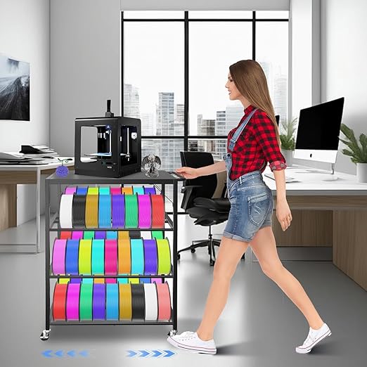 3D Printer Stand with Filament Storage Rack - 3D Printer Table Rolling Printer Cart on Wheels, Heavy Duty Metal Filament Spool Holder Organizer, 3D Printing Workstation for 48 Filament Spools (Black)