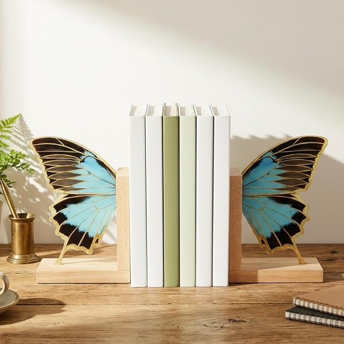 Decorative Butterfly Bookends Wooden Acrylic Butterflys Bookend Modern Bookshelf Decor Accent Book Stopper Decor for Home Farmhouse Shelves Office Lover Gift(Blue Butterfly)