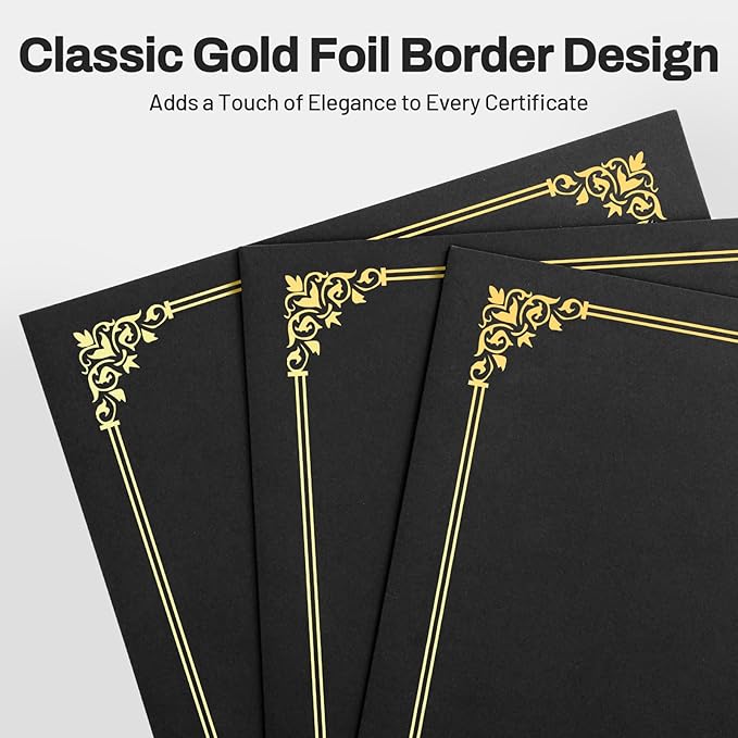 SUNEE Certificate Holders(Black, 200 Packs), Diploma Covers Gold Foil Border, for Letter Size 8.5x11 Certificates, Cardstock, Document Papers