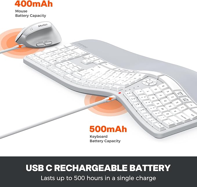 MEETION Ergonomic Keyboard and Mouse, Wireless Keyboard with Vertical Mouse, Split Curved Keyboard with Wrist Rest, Natural Typing Rechargeable Full Size, Windows/Mac/Computer/Laptop, Gray