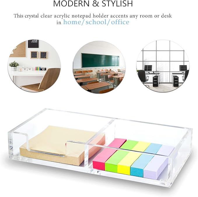Sticky Notes Holder 2in1 Memo Pad Dispenser,7.68" x 3.9" x 1.38" Clear Desk Supplies Organizer Accessories for Office Home School Post Bank (DP013)