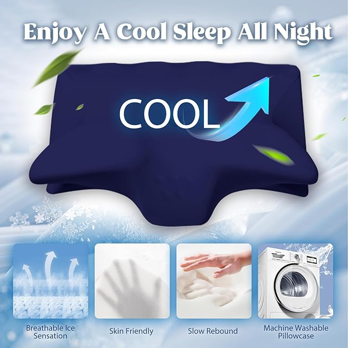 Cooling Contour Memory Foam Pillows Support Odorless Ergonomic Neck Pillow Adjustable Orthopedic Bed Pillow for Side Back Stomach Sleeper Cervical Pillow for Neck Pain Relief,with Pillowcase
