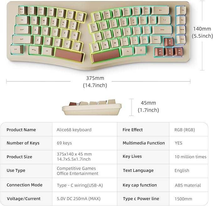 7KEYS Wired Ergonomic Keyboard, Compact Mini Split Keyboard 69 Keys, 14+ RGB Backlight, Detachable USB Type-C Cable, Natural and Comfortable Typing for Desktop PC Laptop Windows MAC (Retro Beige)