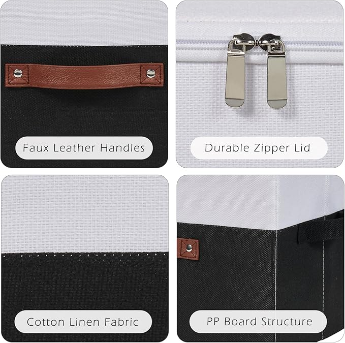 2 Pack Storage Boxes with Zipper Lid Cotton Linen Fabric Lidded Storage Bins Baskets Foldable Washable Closet Shelf Clothes Organizer Container Faux Leather Handles (Black White, Large)