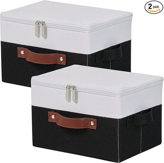 2 Pack Storage Boxes with Zipper Lid Cotton Linen Fabric Lidded Storage Bins Baskets Foldable Washable Closet Shelf Clothes Organizer Container Faux Leather Handles (Black White, Small)