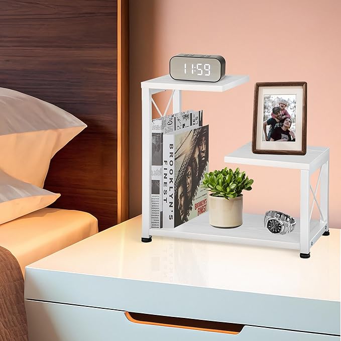 Desk Shelf Organizer, 3-Tier Wood Desk Bookshelf, Small Tabletop Book Shelf, Adjustable Display Rack for Office Decor and Desk Accessories, Rustic White