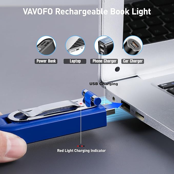VAVOFO USB Rechargeable Book Light, Blue Light Blocking, Amber Light Clip On Bookmark Shaped Reading Light, Eye Care 6 LEDs Book Light for Bookworms Reading in Bed with 9 Lighting Modes (Royal Blue)