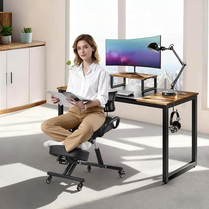 Ergonomic Kneeling Chair with Backrest, Kneeling Chair with Locking Wheels, Adjustable Height Kneeling Support Chairs, PU Computer Kneel Chairs for Living Room