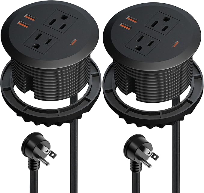 2pcs 3 Inch Desktop Power Grommet,GaN 65W USB C High-Speed Charging Station,3-USB Port,Flush Mounted for 3-1/8" Round Holes,Flat Plug.Desk Grommet Outlet for Workspace,Laptops,6.3ft,Black