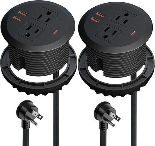 2pcs 3 Inch Desktop Power Grommet,GaN 65W USB C High-Speed Charging Station,3-USB Port,Flush Mounted for 3-1/8" Round Holes,Flat Plug.Desk Grommet Outlet for Workspace,Laptops,6.3ft,Black