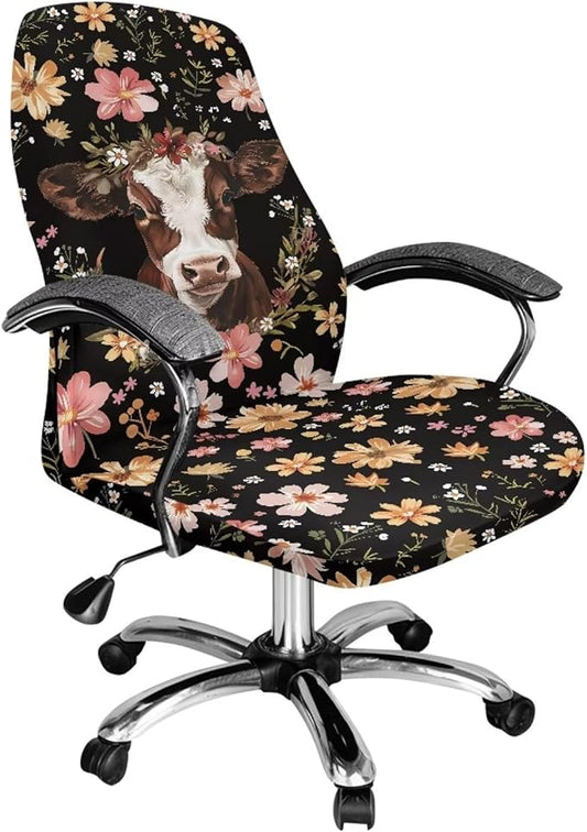 Talayituse Cow Flower Print Office Chair Cover Stretchable Desk Chair Cover Universal Rotating Computer Chair Cover Washable Office Chair Seat Cover Armchair Cover Slipcover for Desk Computer Chair, L