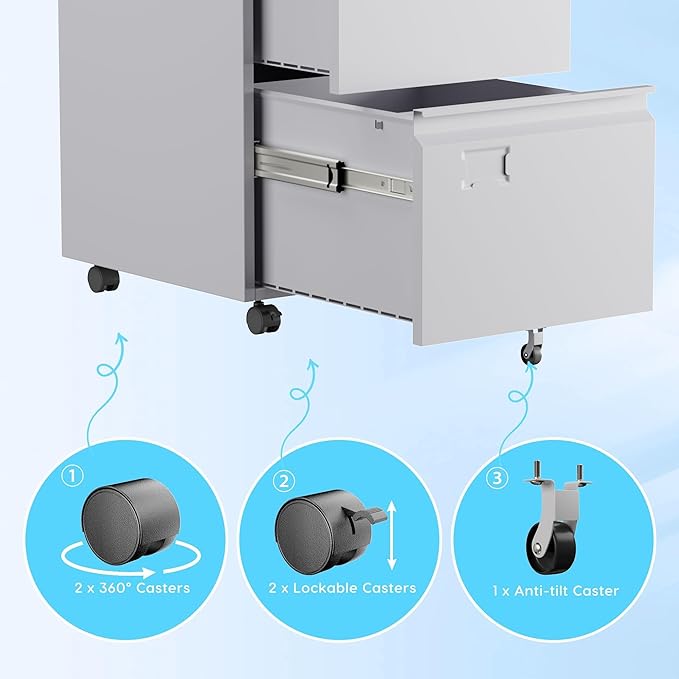 Aobabo Rolling File Cabinet with Lock,2 Drawer Metal Filing Cabinet for Home Office & Under Desk, Heavy-Duty Mobile Storage with 5 Wheels (Anti-Tilt), Fits Letter/Legal,WhiteRequired Assembly