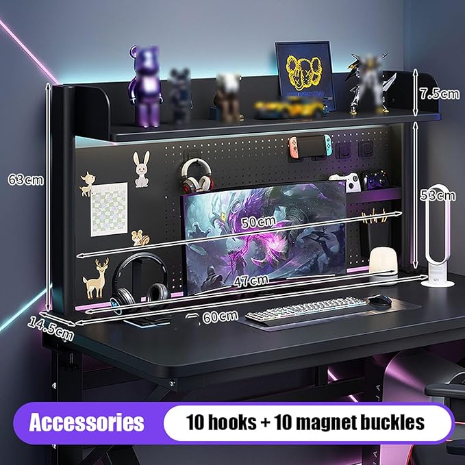 Generic 2/3 Tier Clamp On Desk Organizer Shelf,Clamp-on Above Desktop Storage Shelf Adjustable Clip On Shelving Unit Storage Tray with Perforated Board and Hooks, Black, H 63cm/24.8in