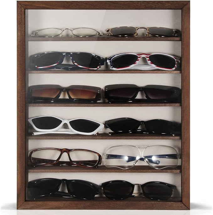 TJ.MOREE Sunglasses Organizer Storage Wall Mounted: 13 x 15.6 inches Eyewear Display Case 6 Tier Rustic Wood Eyeglasses Holder Large Glasses Storage Box, Brown