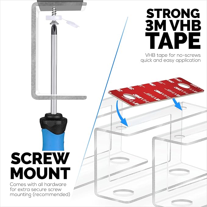 BRAINWAVZ Transparent Under Desk Laptop Holder Mount with Adhesive & Screw in, Devices Upto 1.8" Thick for Laptops, Macbooks, Surface, Cable Box, Routers, Keyboard, Modems, Network Switch & More
