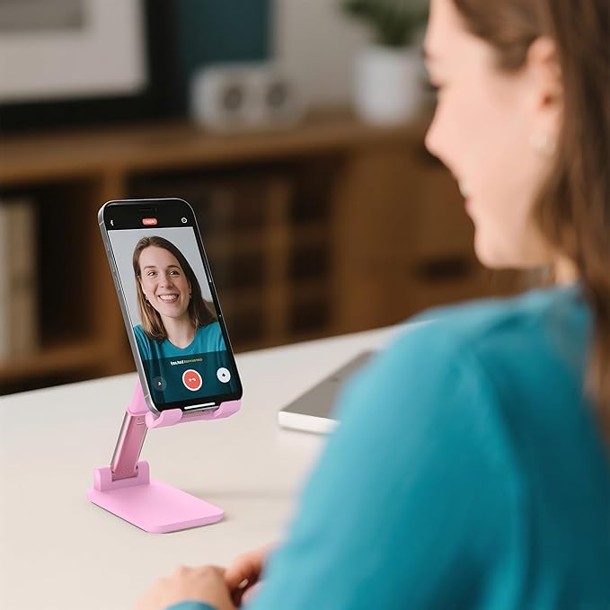 Cell Phone Stand, Adjustable Angle and Height Cell Phone Holder for Desk, Foldable and Portable, Anti-Slip Silicone Pad, Compatible with All Mobile Phones and 4-8 Inch Devices (Pink&Pink)