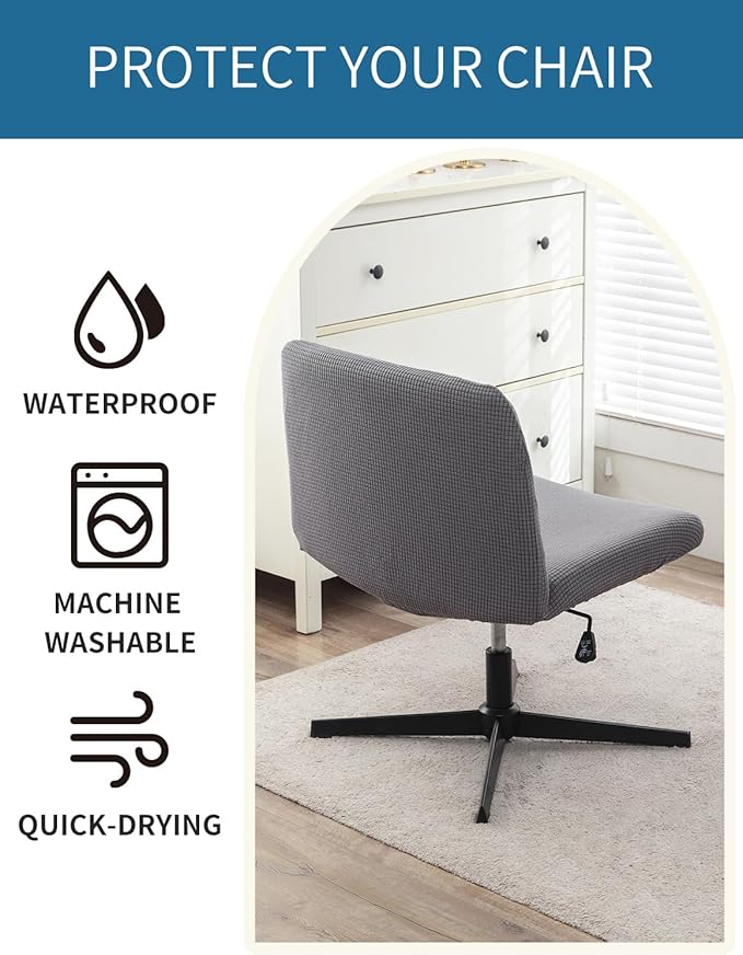 LavishCover Armless Chair Cover Office Desk Chair Cover, Waterproof and Elastic Criss Cross Chair Cover, Exquisite Vanity Chair Cover, Mid Back Wide Seat Accent Chair Covers(Grey,Corn, Just the Cover)