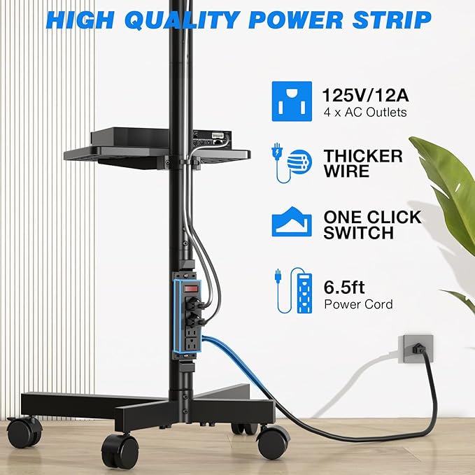 Rfiver Mobile TV Cart with Power Outlet, Rolling TV Stand for 23-65 Inch LCD LED OLED Flat Panel Curved Screen TVs up to 88 lbs, Height Adjustable Portable TV Stand with Wheels, Max VESA 400x400mm