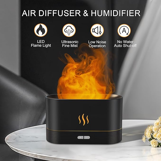 PIZAY Essential Oil Diffuser, Flame Air Humidifier with Fire Led Light - 2 Rightness, 180mL Capacity (8 Hours), Auto-Off Protection Air Diffuser for Home Bedroom Office Gifts(Black)