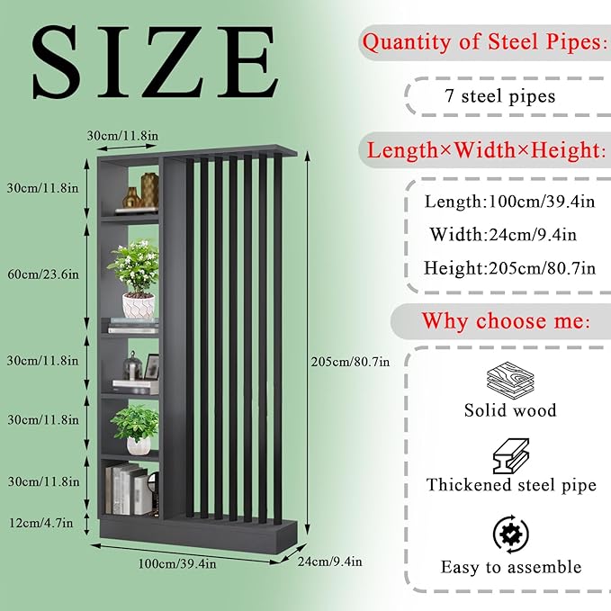 Room Divider with Shelves, Entrance Hall Partition Screen Column Floor to Ceiling - Freestanding Room Divider with Storage Shelf, Freestanding Decor for Bedroom (A Gray + Black, 39.4in / 100cm)