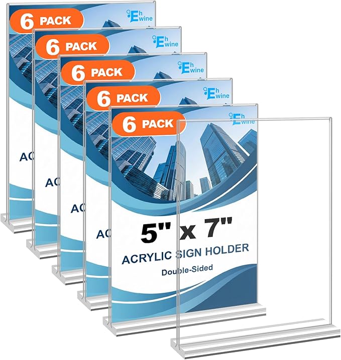 EHWINE 6 Pack Acrylic Sign Holders - 5 x 7, Double-Sided Stand Up Table Top Sign Holders, Clear Acrylic Picture Frame Menu Flyer Paper Display Stand for Office Business Store Wedding Party