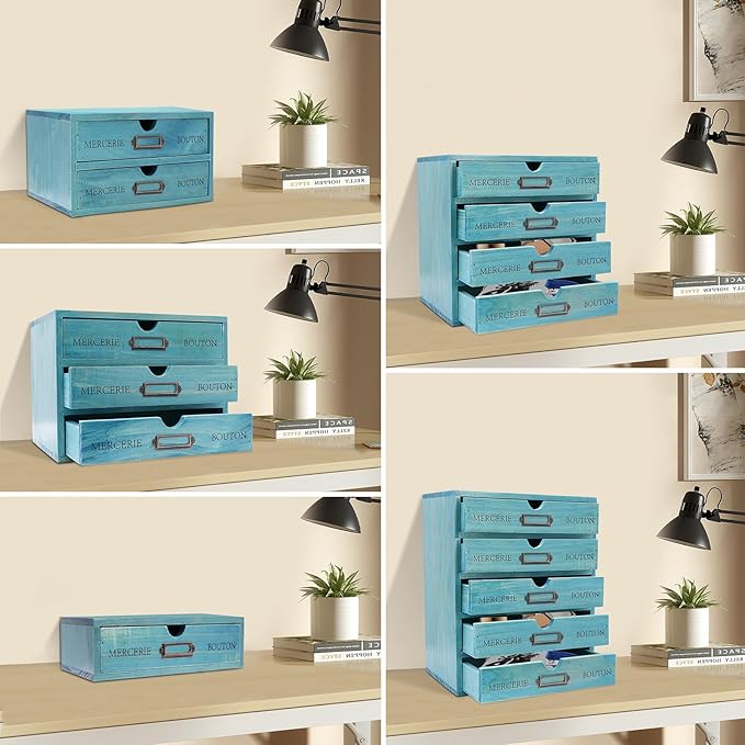 15-Drawer Wooden Desk Organizer Storage Box with Label Holders Vintage Wood Desktop Organizer, Desk Drawer Unit Collectors Box for Living Rooms, Bedrooms, Offices (Blue, 5PCS 15 Drawers)