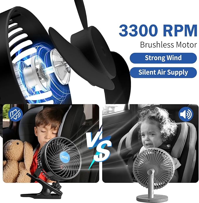 XOOL 12V 6'' Car Fan, Clip Fan 360 Degree Rotatable Car Fan Cooling Air Fan with Stepless Speed Regulation & Cigarette Lighter Plug for SUV, RV, Vehicles