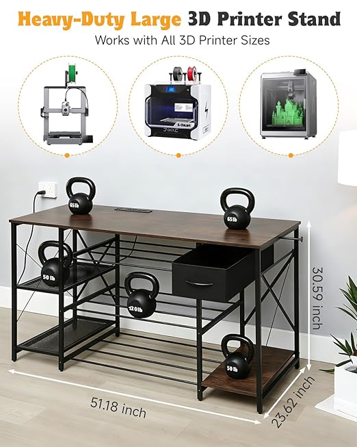 3D Printer Stand with Charging Station, Large 3D Printer Table with Filament Storage, Heavy Duty 3-Tier Filament Storage Rack with Drawer, 3D Printer Desk for Workshop, Office and Garage (Brown)