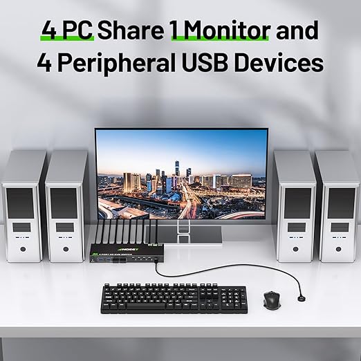 4 Port HDMI KVM Switch 4K@60Hz, Simulation EDID, ANGEET USB3.0 KVM Switches for 4 Computers Share 1 Monitor and Keyboard Mouse Printer, with Wired Remote,12V Power Adapter and 5 Cables