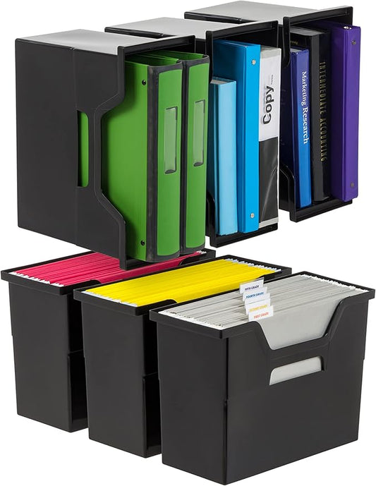 IRIS USA Medium Portable Desktop File Box with Open Lid, 6 Pack, Side Handles, Hanging File Folders, Tabs & Inserts, Letter Size, Magazines, Newspapers, Mail, Books, Notebooks, Black